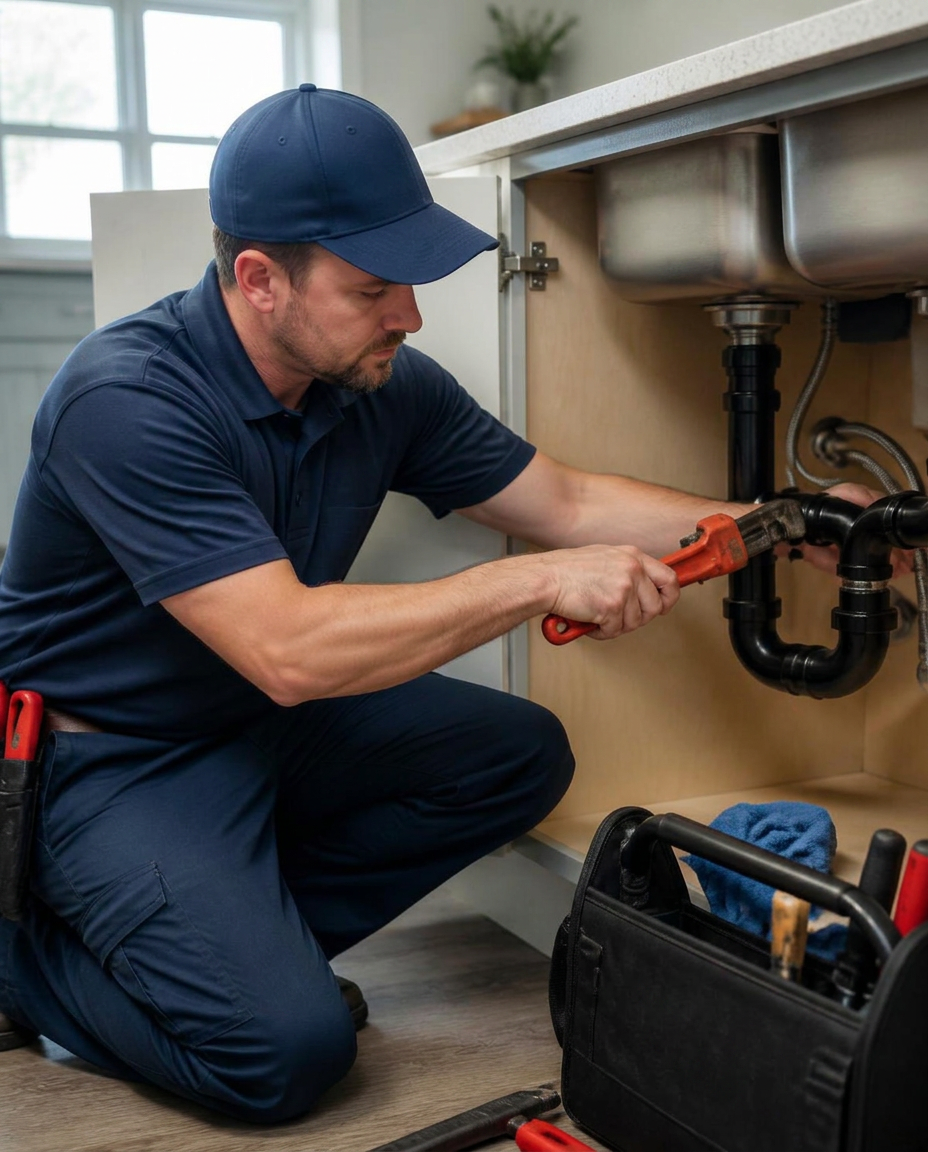Plumber repairing a drain line under a residential kitchen sink